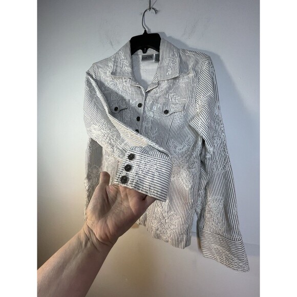 chicos Button Up Embroidered Stripes bouse top shirt 0 S 4 6 - Picture 7 of 10